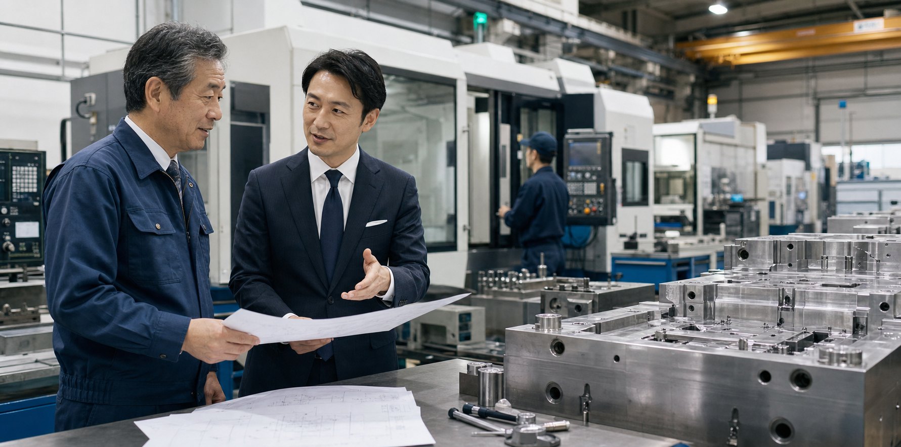 金型工場で経営者とM&Aアドバイザーが承継相談をしている様子