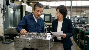 金型会社のM&A・売却準備について工場で金型図面を確認する経営者と承継担当者