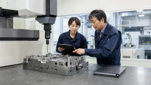 金型工場で設備台帳と企業価値資料を確認する経営者と専門家