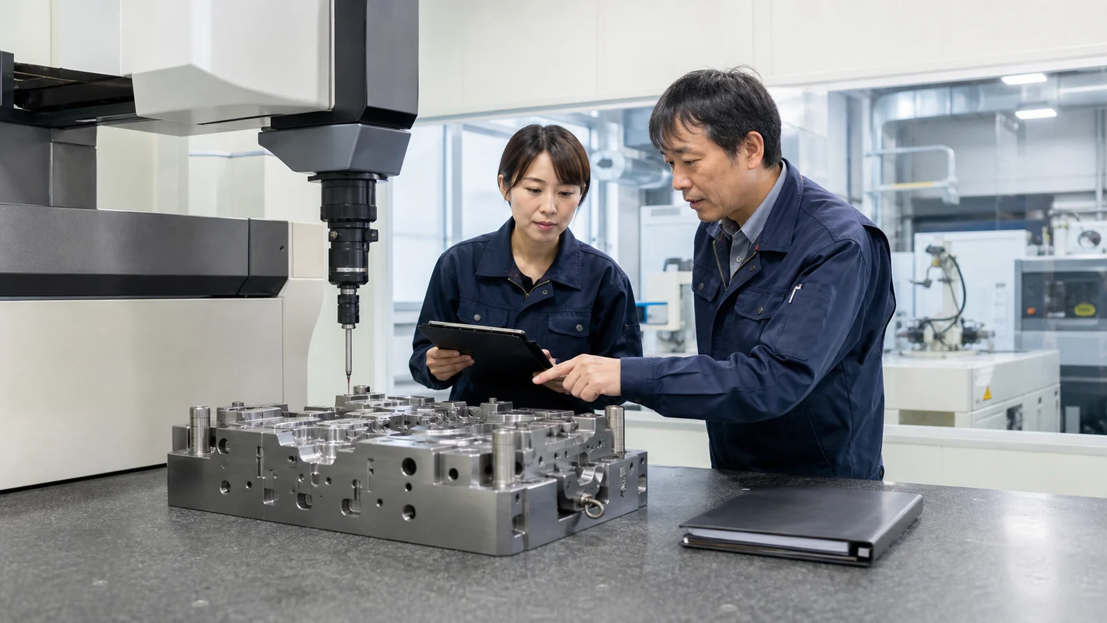 金型会社の企業価値評価を工場設備と資料から検討する経営者と専門家
