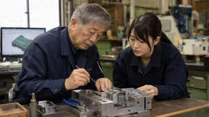 金型工場で熟練技術者が若手へ金型の仕上げ技能を伝える様子