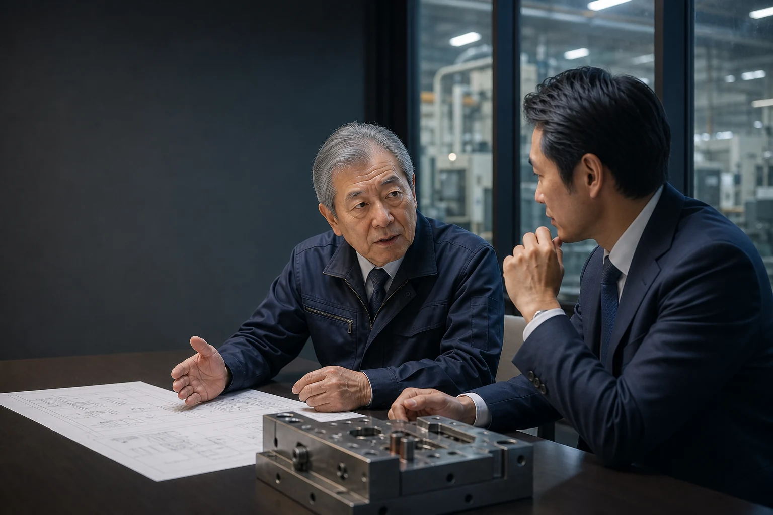金型会社の売却・承継について非公開で相談する経営者とM&Aアドバイザー