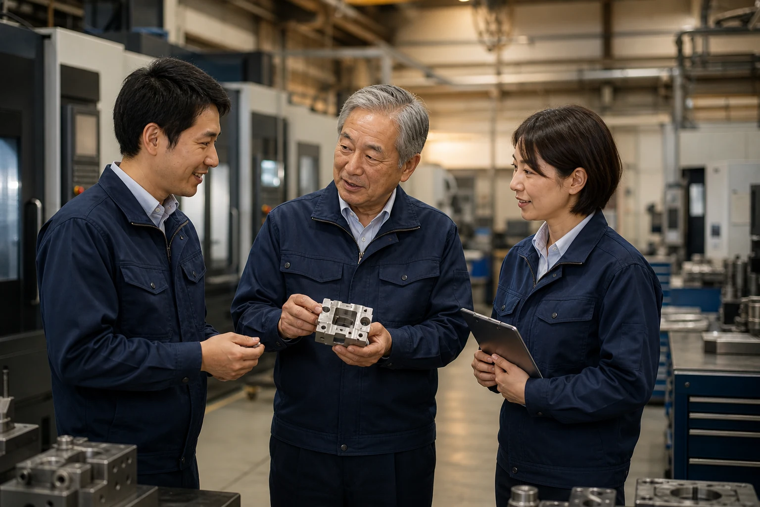 金型工場で技能と雇用の承継について話す経営者と技術チーム