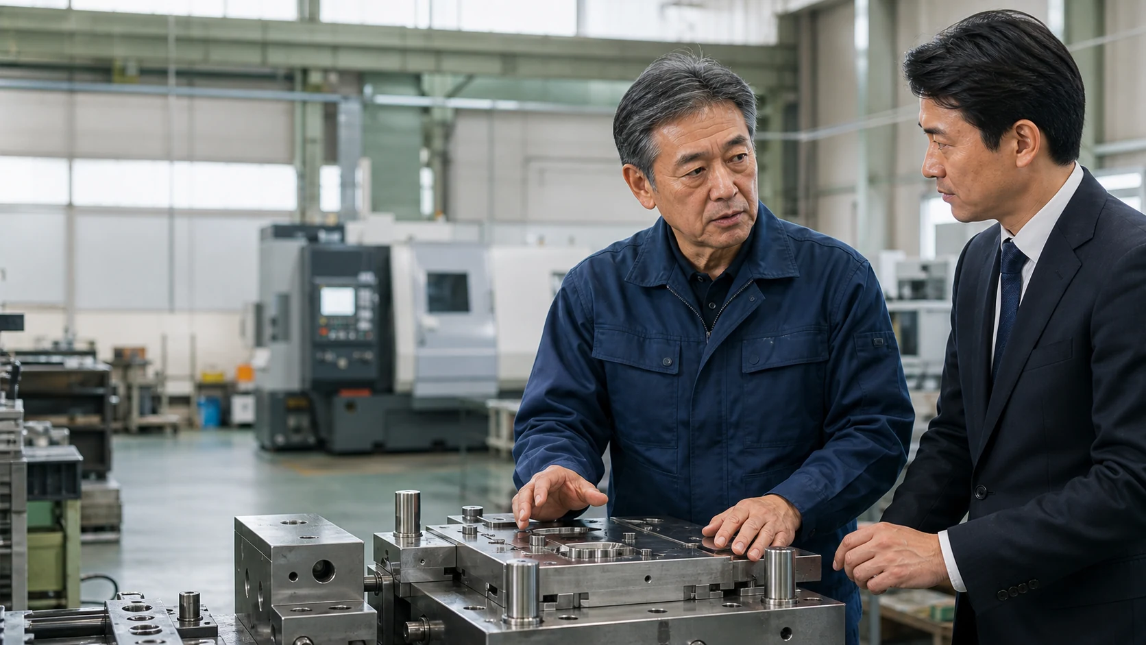 金型工場で事業承継を相談する経営者とM&Aアドバイザー